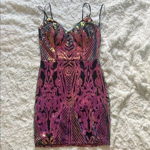 Sequin Embellished Pink, Blue & Black Mini Dress with Spaghetti Straps - Size 3